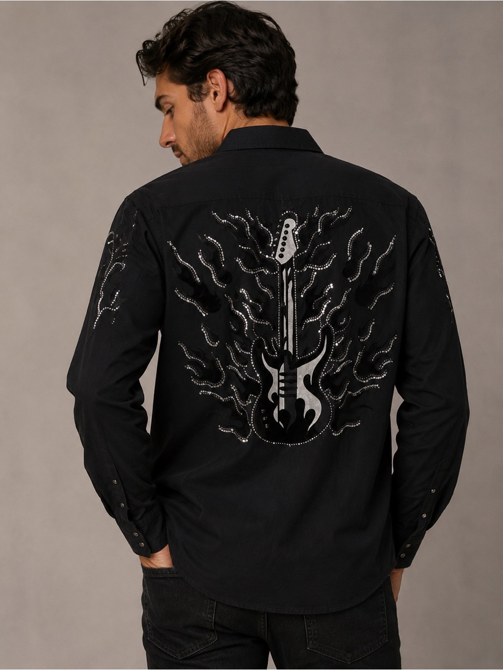 Panhandle Slim Brooks and Du Guitar & Flame Embellishment button down shirt